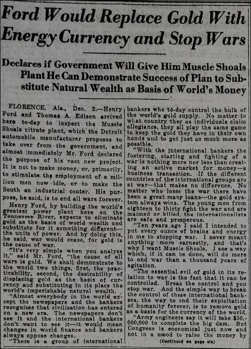 Une du New York Tribune du 4 décembre 1921 : Ford remplacerait l'or par une monnaie basée sur l'énergie